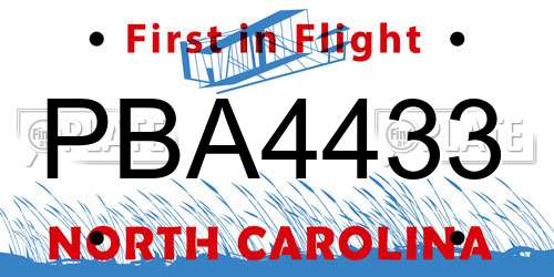 PBA4433 North Carolina License Plate