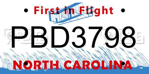 PBD3798 North Carolina License Plate