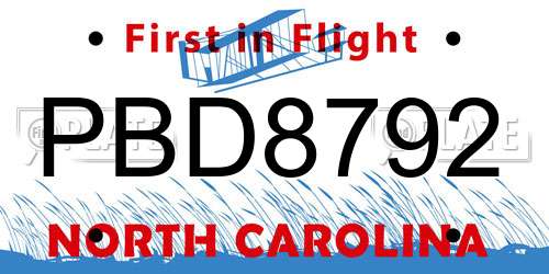 PBD8792 North Carolina License Plate