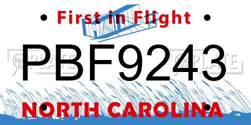 PBF9243 North Carolina License Plate