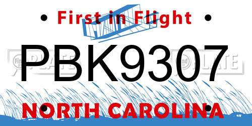 PBK9307 North Carolina License Plate