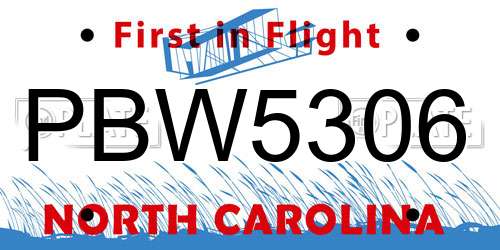 PBW5306 North Carolina License Plate