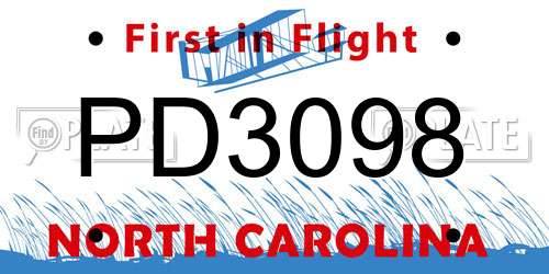 PD3098 North Carolina License Plate