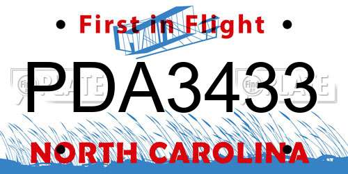 PDA3433 North Carolina License Plate