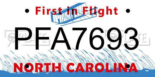 PFA7693 North Carolina License Plate