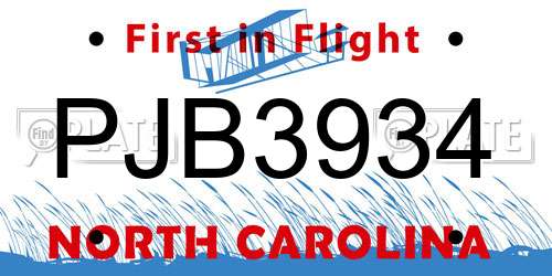 PJB3934 North Carolina License Plate