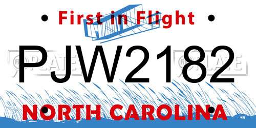PJW2182 North Carolina License Plate