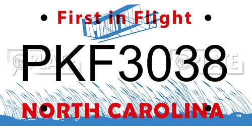 PKF3038 North Carolina License Plate