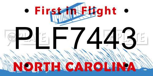 PLF7443 North Carolina License Plate
