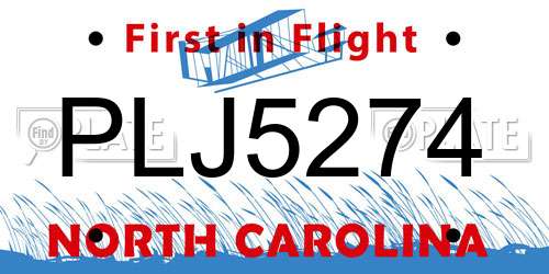 PLJ5274 North Carolina License Plate