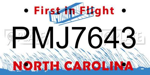 PMJ7643 North Carolina License Plate