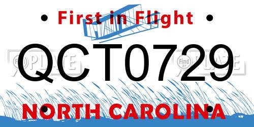 QCT0729 North Carolina License Plate
