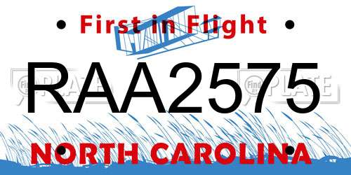 RAA2575 North Carolina License Plate