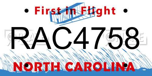 RAC4758 North Carolina License Plate