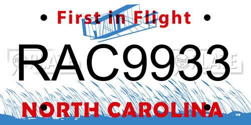 RAC9933 North Carolina License Plate