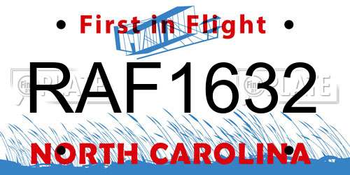 RAF1632 North Carolina License Plate
