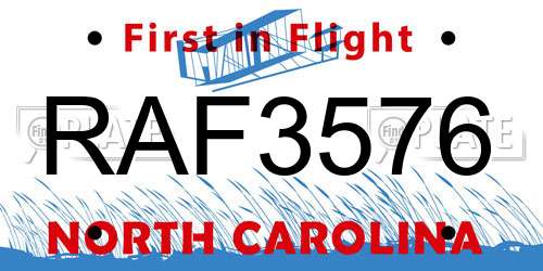 RAF3576 North Carolina License Plate