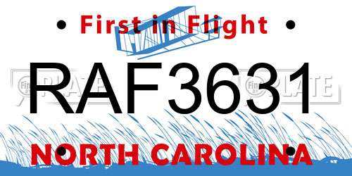 RAF3631 North Carolina License Plate