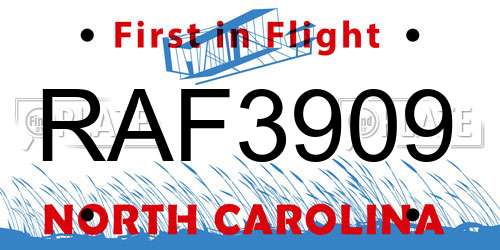 RAF3909 North Carolina License Plate