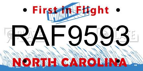 RAF9593 North Carolina License Plate
