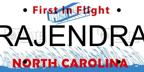 RAJENDRA North Carolina License Plate