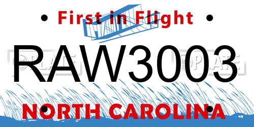 RAW3003 North Carolina License Plate