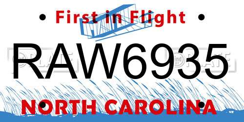 RAW6935 North Carolina License Plate