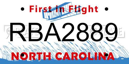 RBA2889 North Carolina License Plate