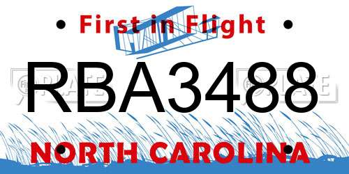 RBA3488 North Carolina License Plate