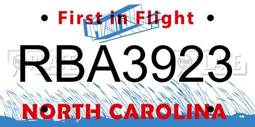 RBA3923 North Carolina License Plate