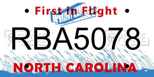 RBA5078 North Carolina License Plate