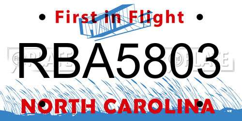 RBA5803 North Carolina License Plate