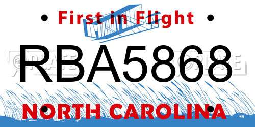 RBA5868 North Carolina License Plate
