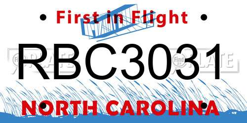 RBC3031 North Carolina License Plate