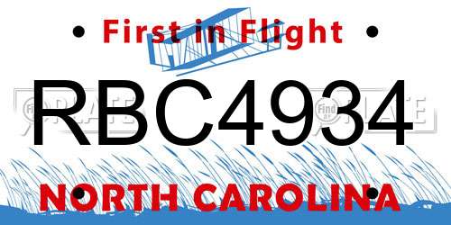 RBC4934 North Carolina License Plate