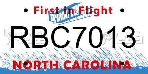 RBC7013 North Carolina License Plate
