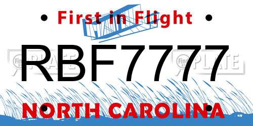 RBF7777 North Carolina License Plate