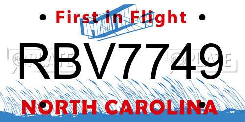 RBV7749 North Carolina License Plate