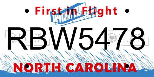 RBW5478 North Carolina License Plate