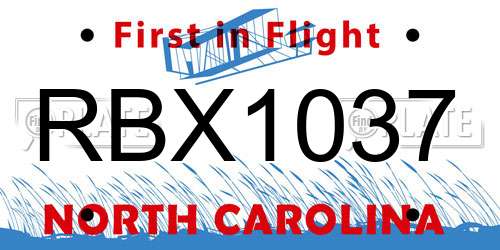 RBX1037 North Carolina License Plate