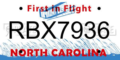 RBX7936 North Carolina License Plate