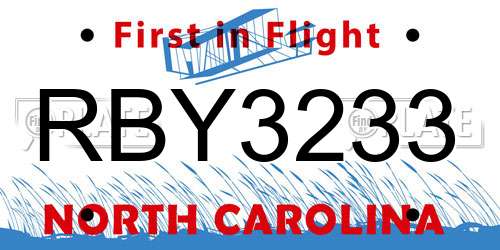 RBY3233 North Carolina License Plate