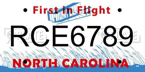 RCE6789 North Carolina License Plate