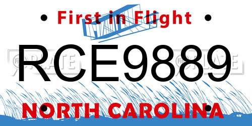 RCE9889 North Carolina License Plate