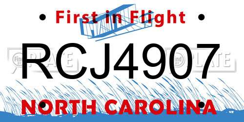 RCJ4907 North Carolina License Plate