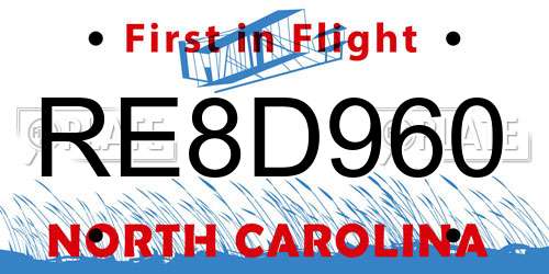 RE8D960 North Carolina License Plate