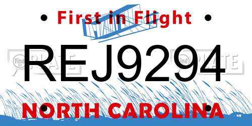 REJ9294 North Carolina License Plate
