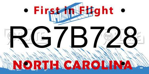 RG7B728 North Carolina License Plate