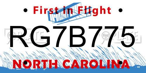 RG7B775 North Carolina License Plate