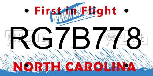 RG7B778 North Carolina License Plate